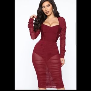 Wine/Burgundy Mesh Midi Dress